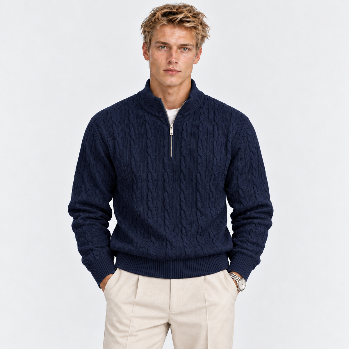 Men's Cable Knit Quarter-Zip Sweater – Classic Winter Pullover