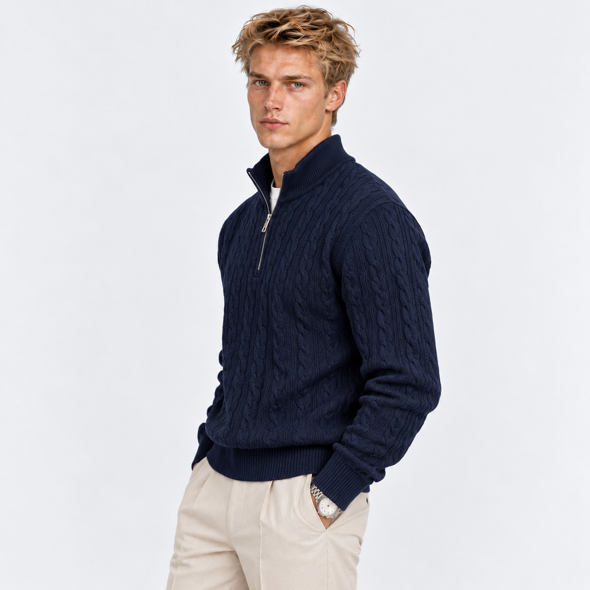 Men's Cable Knit Quarter-Zip Sweater – Classic Winter Pullover